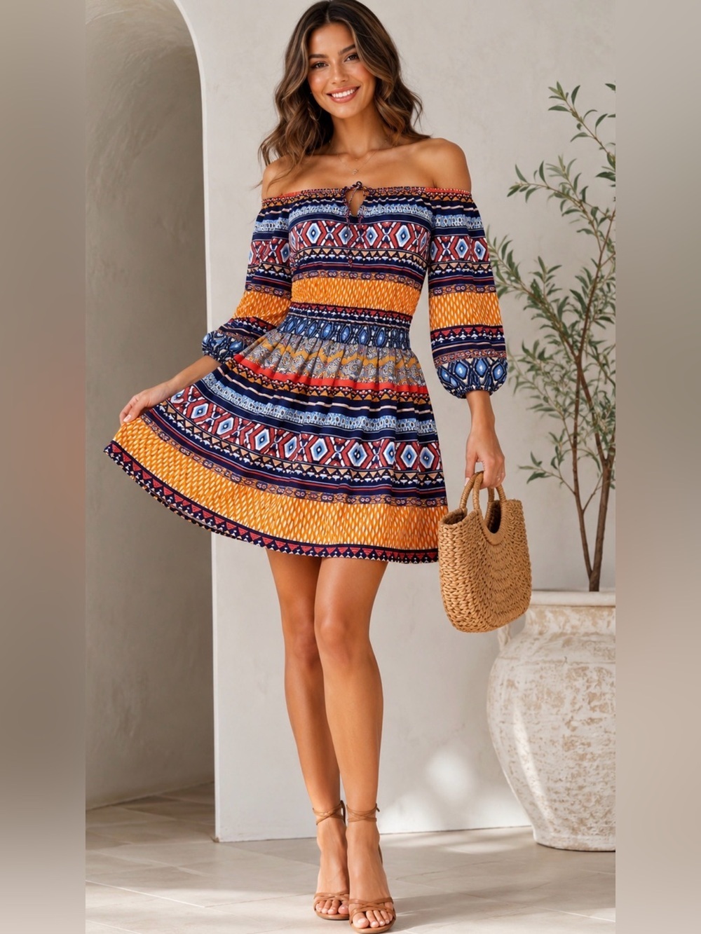 NWT BETSEY JOHNSON BOHO OFF SHOULDER MINI DRESS SIZE 4 TRIBAL PRINT